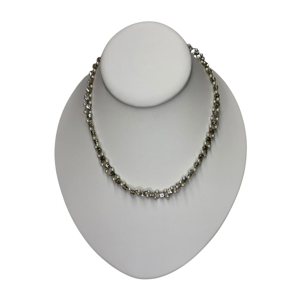Faux Pearl Rhinestone Star Choker Necklace Antiqued Brass Extender Chain